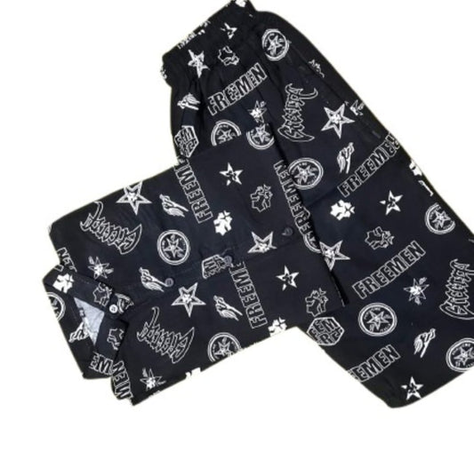 Stitched kids' 2-piece linen suit in black with white graphic print design – EWD-31
