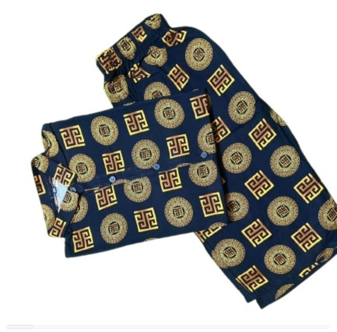 Stitched kids' 2-piece linen outfit in navy blue with golden ethnic printed design – EWD-31
