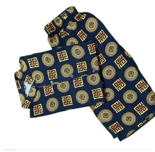 Stitched kids' 2-piece linen outfit in navy blue with golden ethnic printed design – EWD-31
